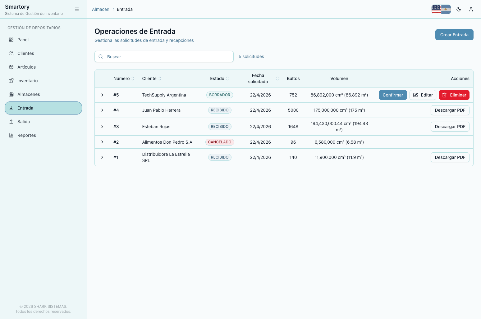 Operaciones de entrada en Smartory